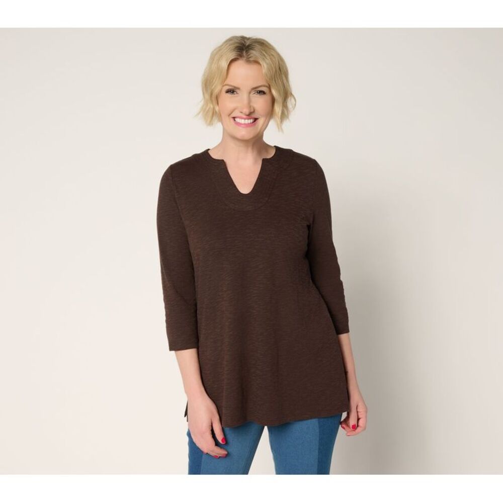 Denim & Co. Women's Top Petite 2XP Slub Jersey Sleeve U-Neck Tunic Brown